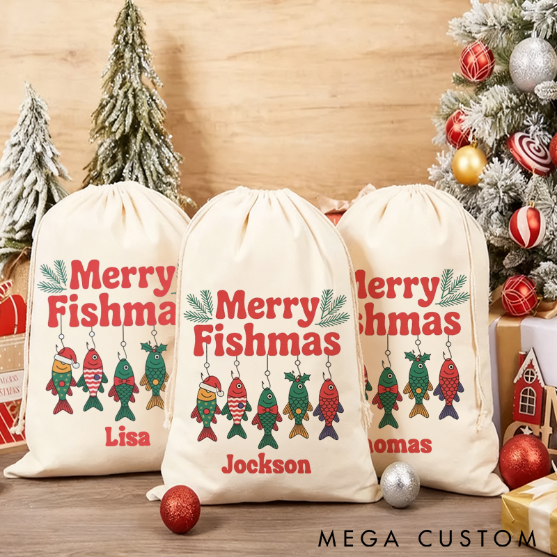 Personalized Christmas Fishing Gift Bag Fishing Christmas Sack Merry Fishmas Design Custom Name Perfect Holiday Gift for Fishing Lover