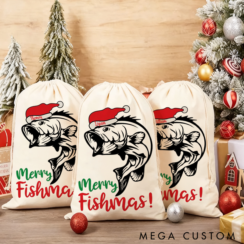 Personalized Fishing Christmas Sack Christmas Fishing Gift Bag Merry Fishmas Design Perfect Holiday Gift for Fishing Lover