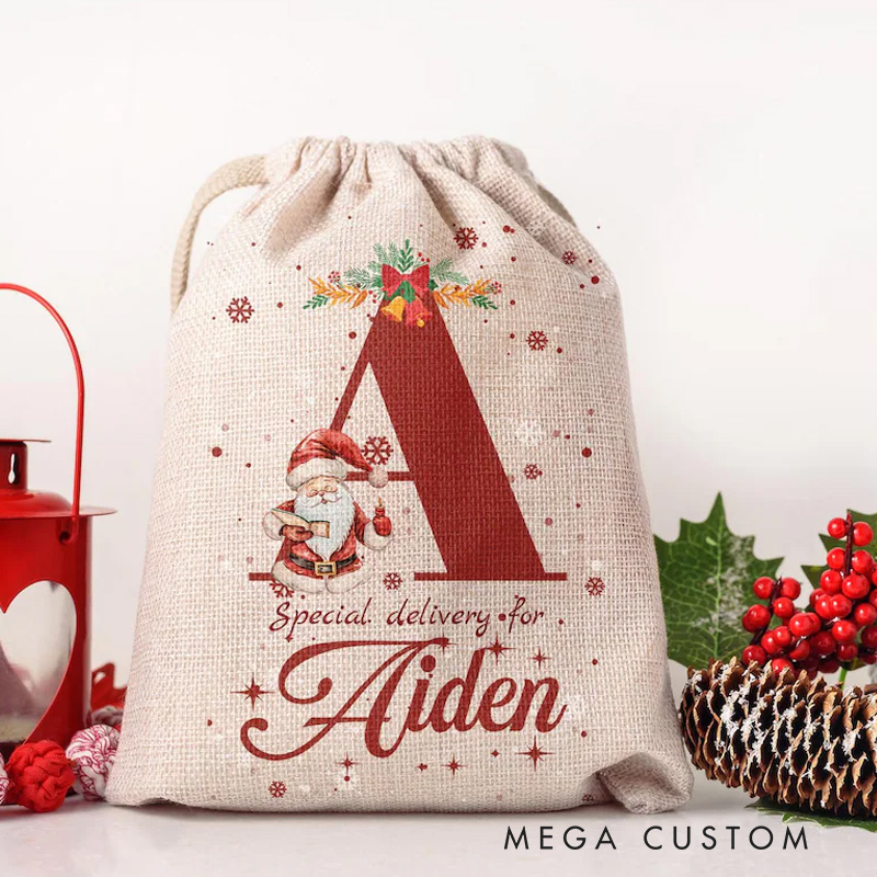 Personalized Santa Initial Christmas Bag with Festive Accents and Name for a Special Holiday Delivery