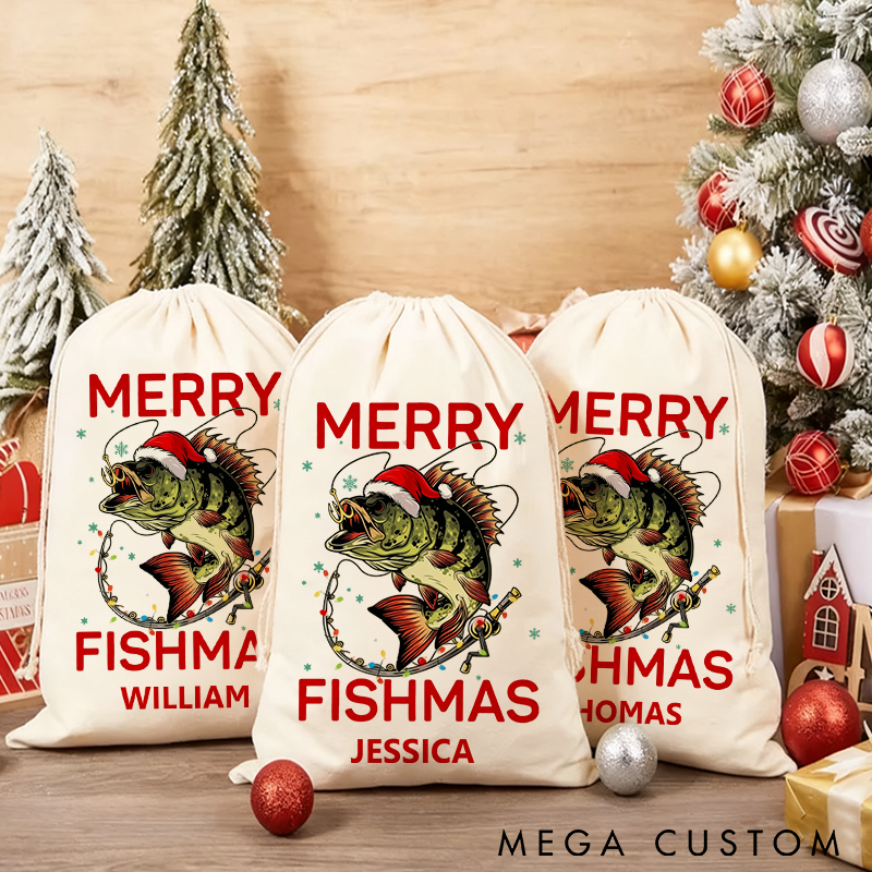 Personalized Fishing Christmas Sack Christmas Fishing Gift Bag Presents Bag Christmas Gift Sack Merry Fishmas Design Perfect Holiday Gift for Fishing Lover