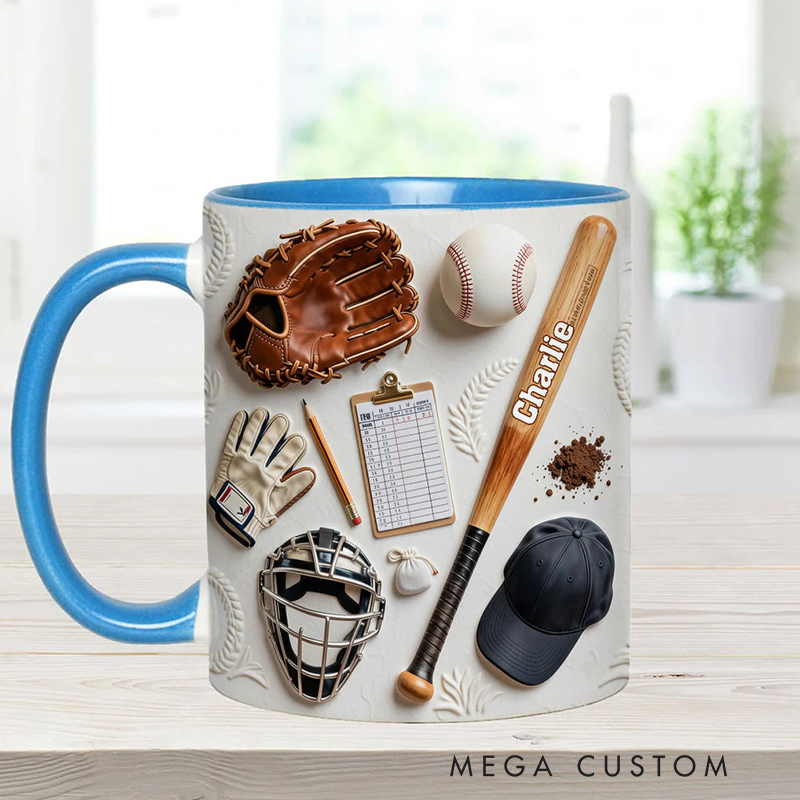 Personalized Baseball Mug with Custom Name and Sports Gear Artwork for Coaches and Baseball Fans