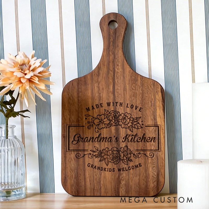 Personalized Engraved Kitchen Cutting Board Custom Bamboo Paddle Board Made with Love Design Grandkids Welcome for Grandma Gifts Home Decor