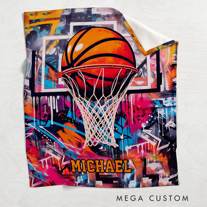 Personalized Basketball Blanket with Custom Name and Graffiti Design for Basketball Enthusiasts