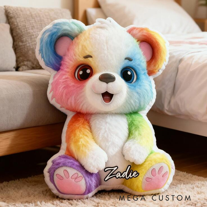 Personalized Cute Teddy Theme Custom Name Bright Colorful Rainbow Bear Pattern 3D Print Pillow