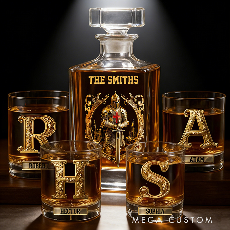 Personalized Strong Warrior Whiskey and Glass Set with Custom Initial and Name Drink Set for Family Christian Knight with Cross Whiskey Decanter Set