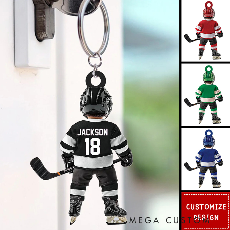 Personalized Acrylic Ice Hockey Player Keychain with Custom Name, Number, and Jersey Design for Ice Hockey Fans