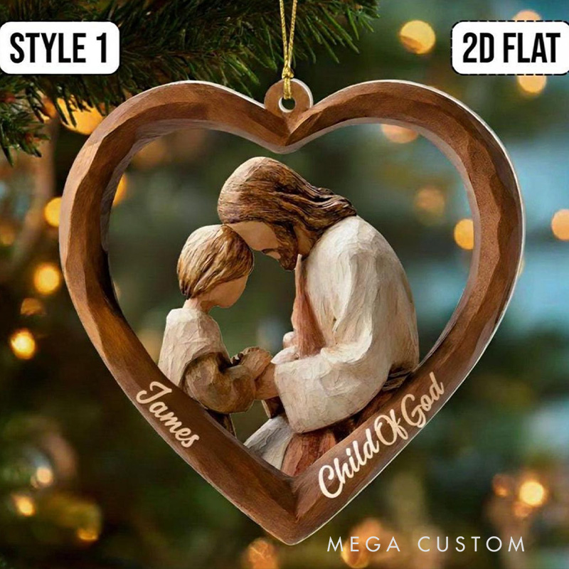 Personalized Child Of God 2D Flat Faux Wood Acrylic Ornament with Custom Name Jesus and Kids Christian Holiday Gift Decor Child Pray God Keepsake Gift