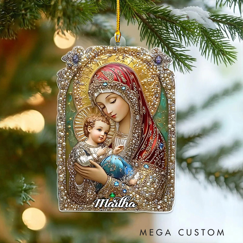 Personalized Virgin Mary and Baby Jesus Acrylic Ornament with Custom Name Religious Christmas Tree Decor Catholic Christian Icon Ornament Holiday Gift
