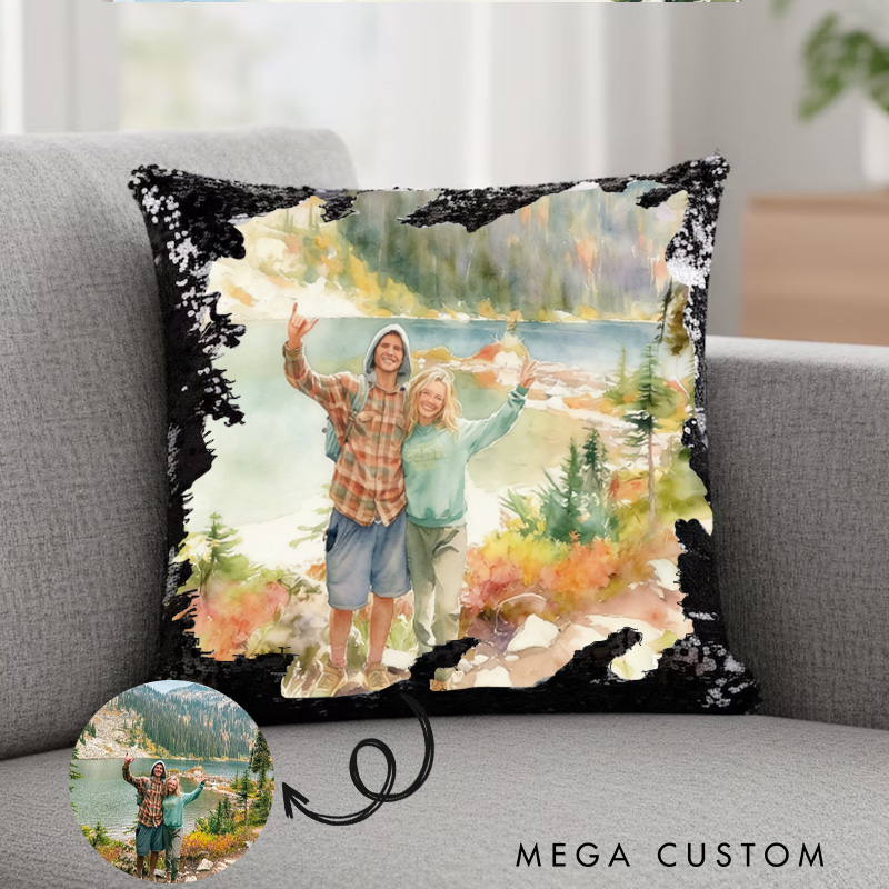 Personalized Watercolor-Style Sequin Photo Pillow Custom Couple Photo Pillow Gifts for Outdoor Couple Hiking 