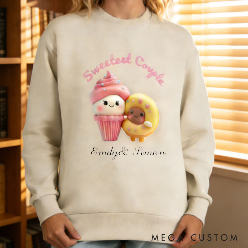 Personalized Sweetest Couple Kawaii Cupcake and Donut Cute Valentine's Day Dessert Sweatshirt for Baking Lovers