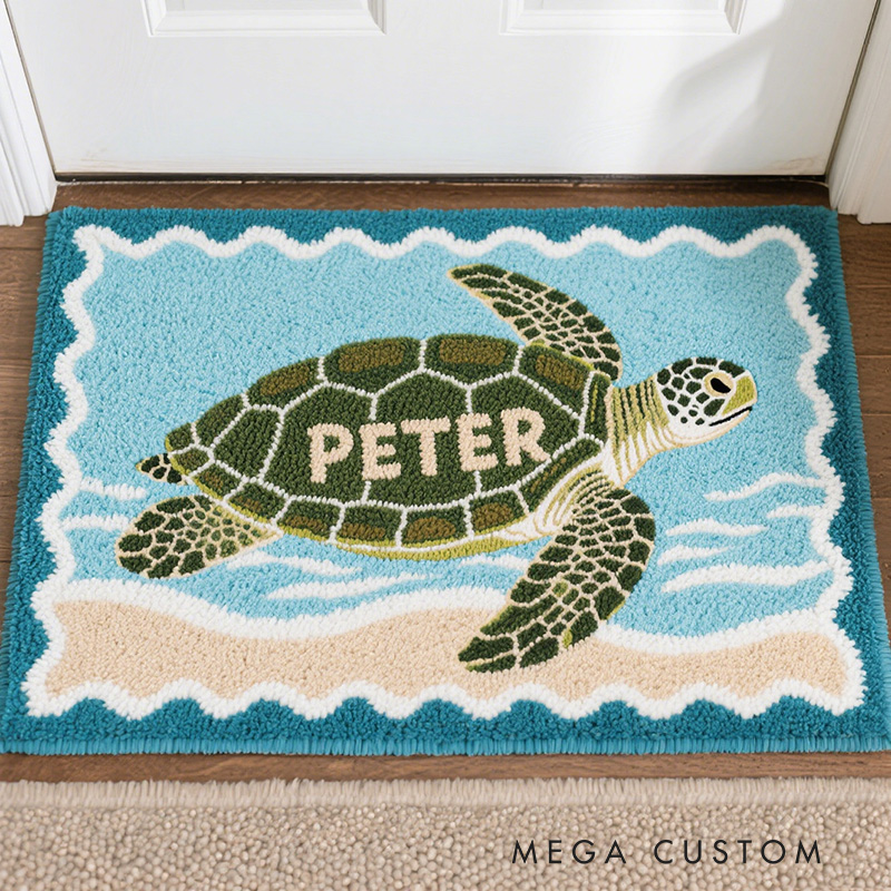 Personalized Sea Turtle Theme Custom Name Ocean Beach Style Cute Marine Animal Carpet Rug for Kids
