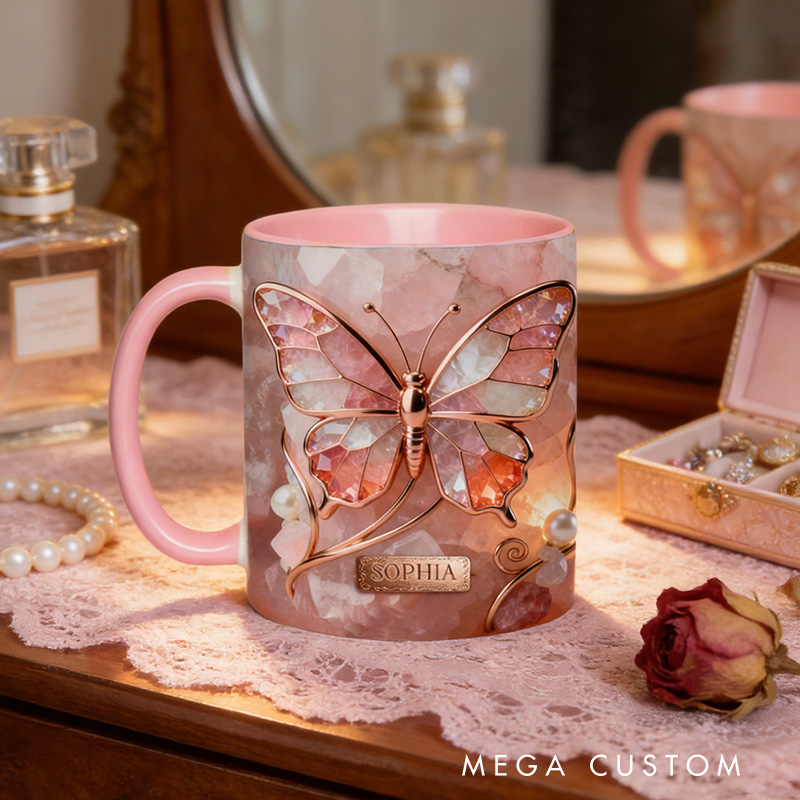 Personalized 2D Flat Magical Pink Crystal Butterfly Mug Coffee Mug Magic Lover Mug Witchcore Gift Coffee Mug