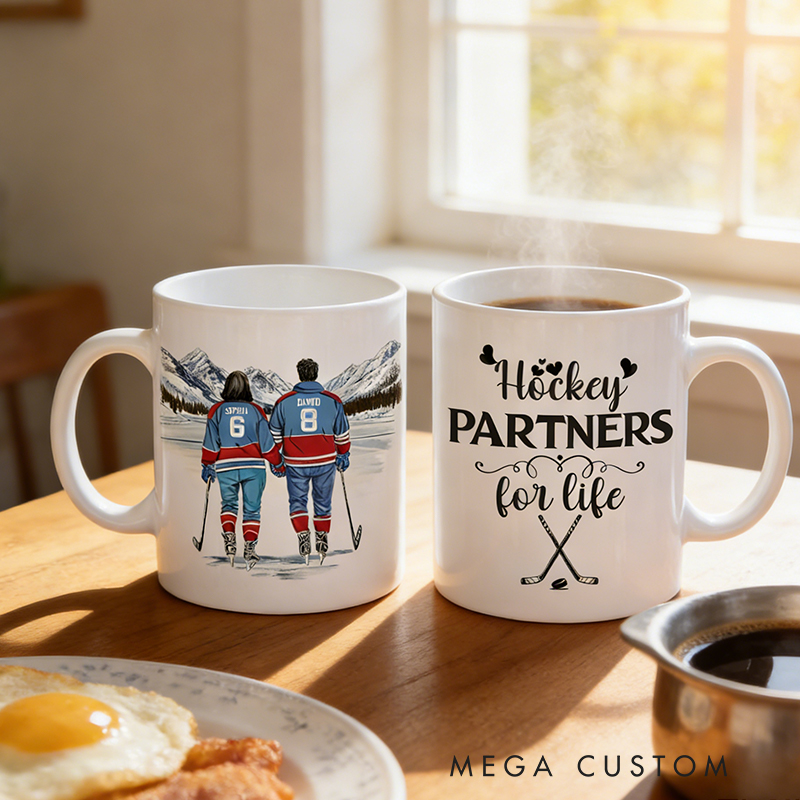 Personalized Couple’s Hockey Mug with Custom Names and Numbers for Hockey-Loving Couples