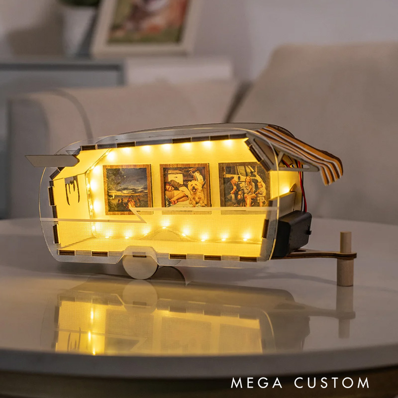 Personalized Camping Car Wood Photo Frame with LED Light Strip and 3 Photos Commemorative Home Decor Gift for Campers
