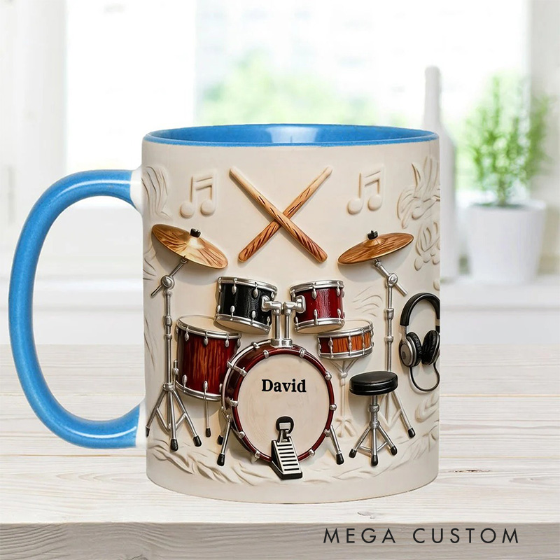 Personalized 2D Flat Name Awsome Drumer Accent Mug Custom Drum Themed Mug for Music Lovers