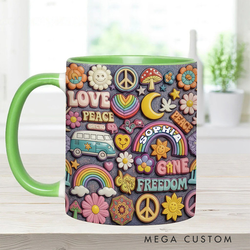 Personalized 2D Flat Hippie Living In Peace Mug Custom Name Colorful Hippie Car Hippie Coffee Mug Bohemian Coffee Mug