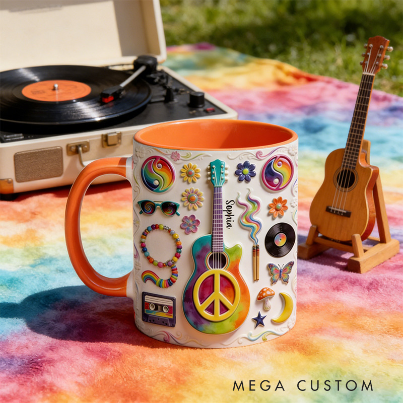 Personalized 2D Flat Hippie Love Hope Peace Guitar Mug Custom Name Colorful Hippie Car Hippie Coffee Mug Bohemian Coffee Mug
