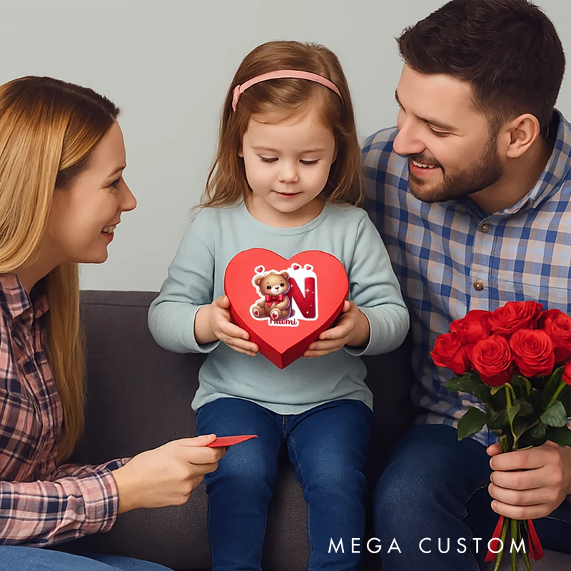 Personalized Heart Cute Cartoon Bear Initial Waterproof Stickers Labels with Name Valentine's Day Birthday Gift for Kids