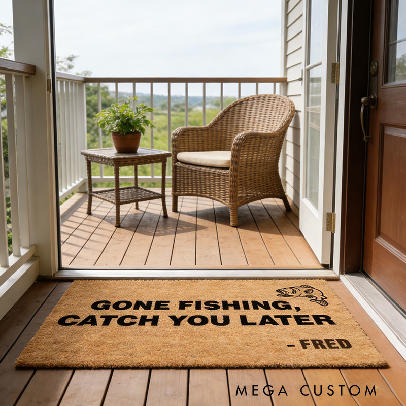 Personalized Gone Fishing Catch You Later Customizable Name Doormat Gift for Dad / Grandad / Fisher Sea Bass Fish Coconut Coir Doormat