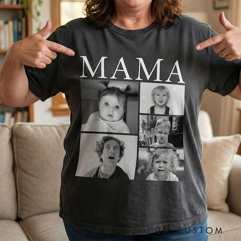 Personalized Photo Comfort Tee Custom Retro Vintage Kids' Photo Tee Gift for Mama Daddy Gigi Papa Custom Nicknames TShirt