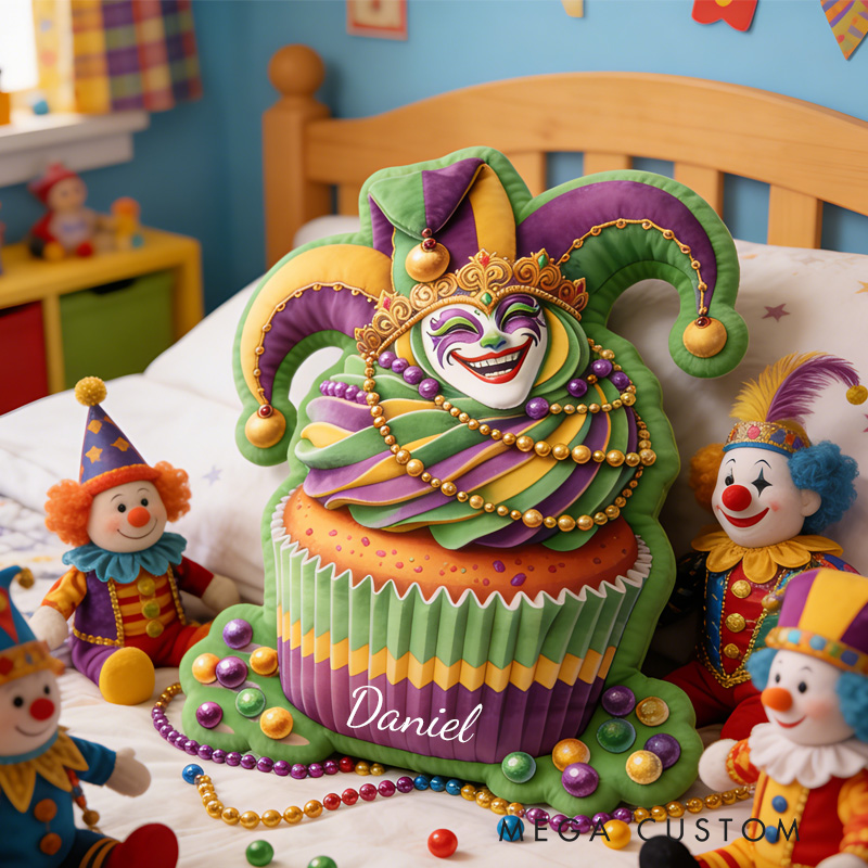 Personalized Mardi Gras Cupcake Throw Pillow Graphic 3D Print Jester Cupcake Pillow with Name Mardi Gras Gift for Girl Boy Kids Pillow Baking Lover Gifts