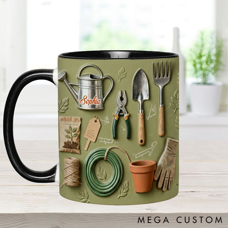 Personalized Gardening Accent Mug Adorned with 3D Tool Embellishments Custom Name Engraved Mug for Avid Garden Lovers