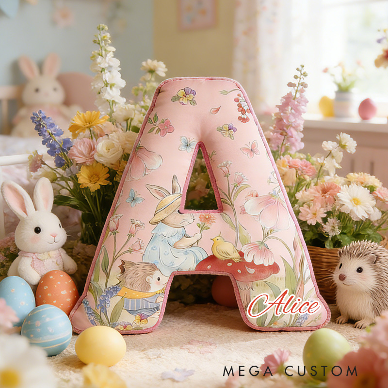 Personalized Bunny Theme Custom Name Cute Rabbit with Eggs and Flowers Pink 3D Print Pillow