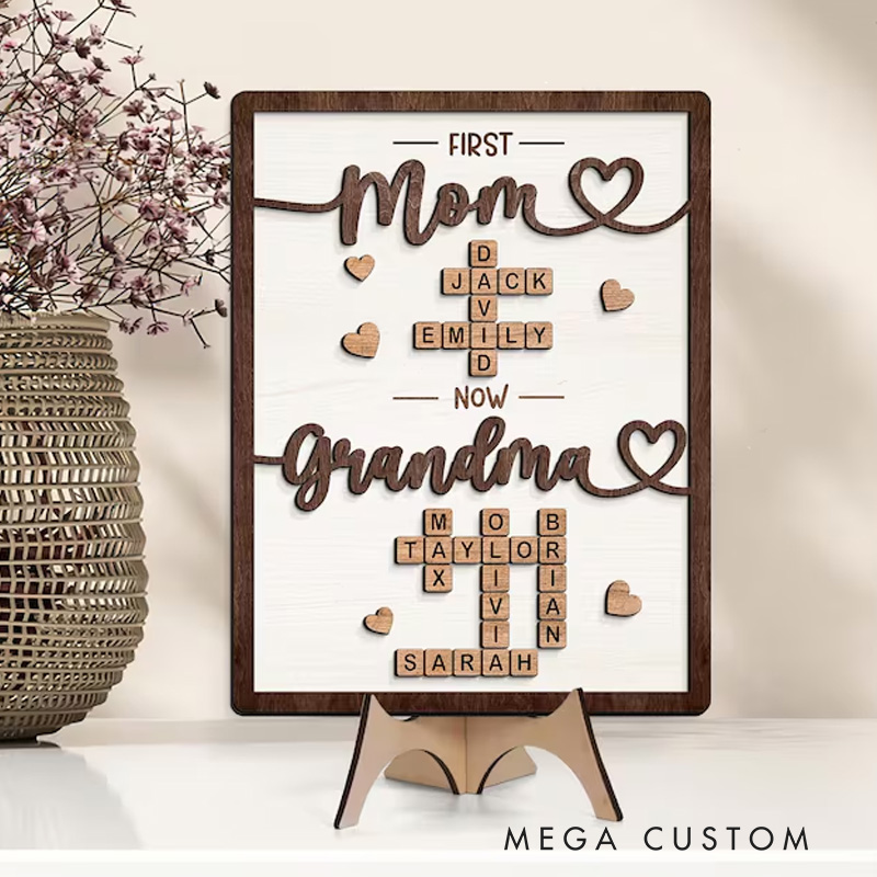 Personalized First Mom Now Grandma Wooden Sign Crossword Puzzle Art Frame Family Keepsake Gift For Mom Grandma Gift Mothers Day Gift 