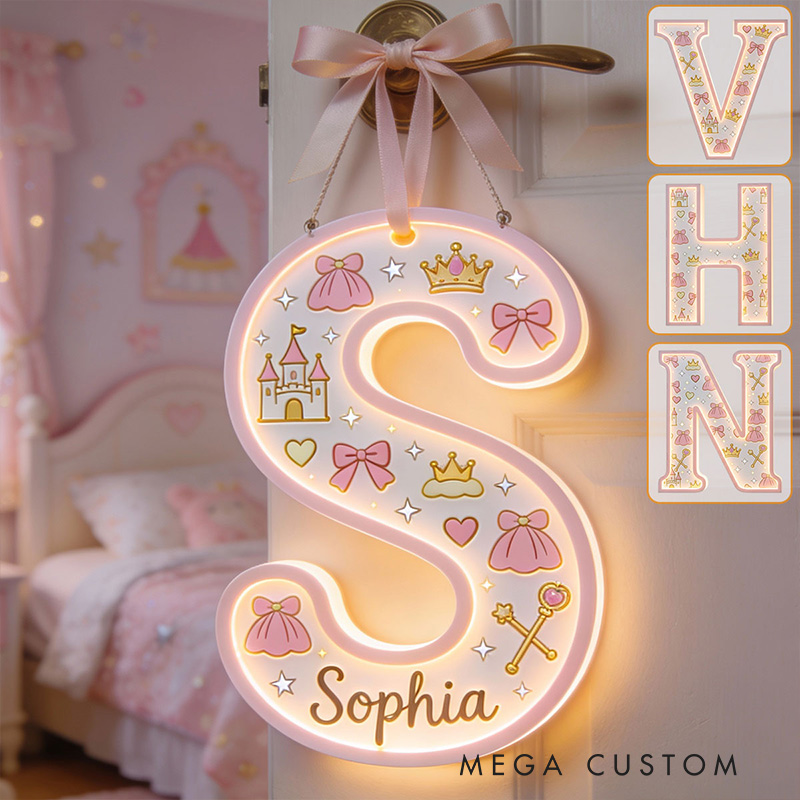 Personalized Princess Theme Custom Name Crown Castle and Bow Pattern Nursery LED Light Acrylic Sign