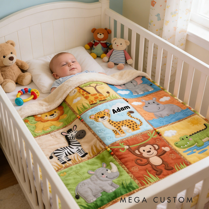 Personalized Jungle Animal Theme Custom Name Cute Safari Lion Giraffe Elephant Monkey Blanket