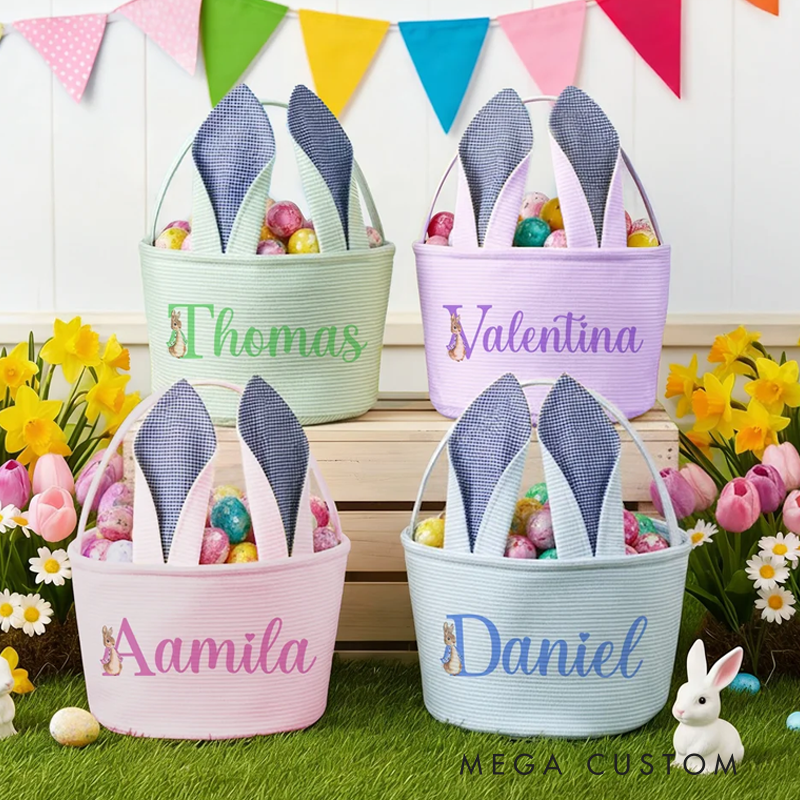 Personalized Cute Peter Rabbit Ears Stripe Easter Basket with Name and Initial Easter Party Favor Eggs Hunting Gift for Kids