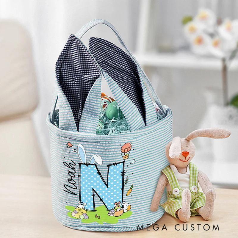 Personalized Cute Bunny Ears Polka Dot Initial Easter Basket with Name Egg Hunt Accessories Easter Party Gift for Boys Girls