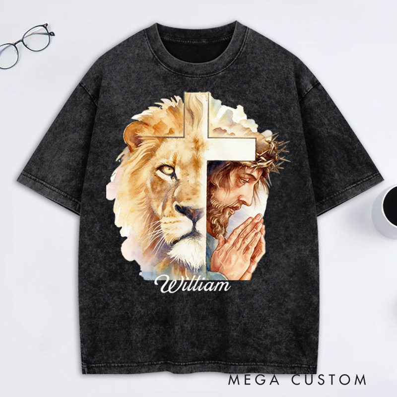 Personalized Man of God Lion of Judah Washed T-Shirt with Custom Name Jesus Tee Religious Gift Christian Gift for Men