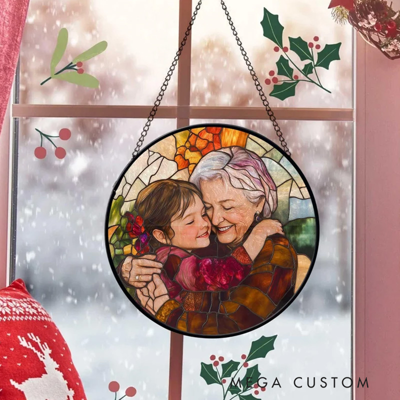Personalized Grandma And Grandkids Portrait Faux Stained Glass Custom Photo Family Window Hanging Ornament Gift For Mom Grandma