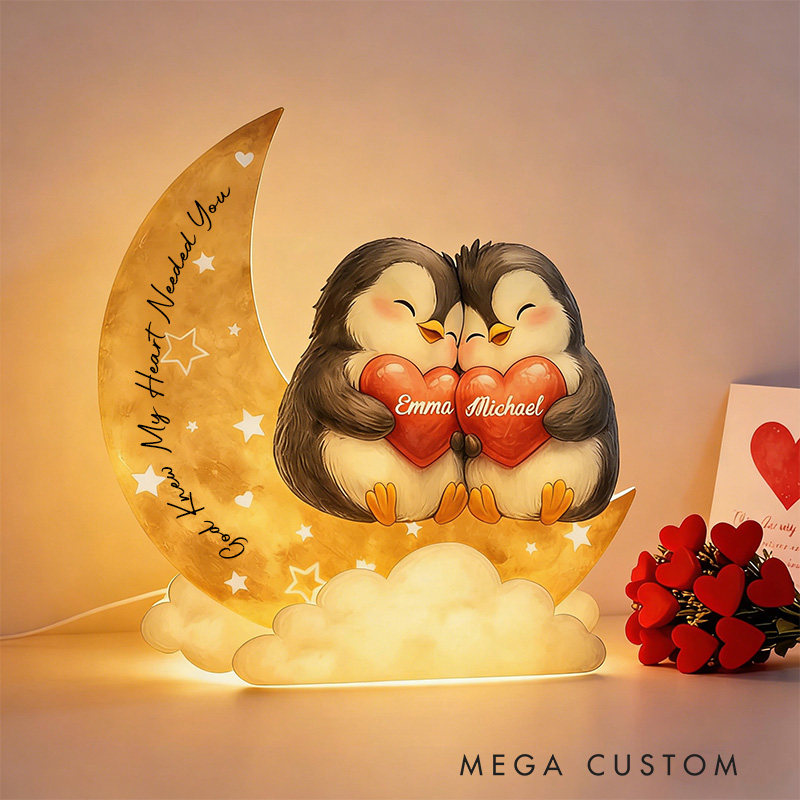 Personalized God Knew My Heart Needed You Penguin Couple Heart Star Moon Acrylic LED Night Light with Name and Text Valentine's Day Gift for Couple