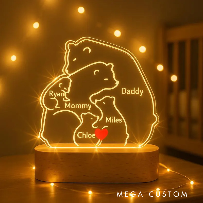 Personalized Family Bears Name Night Light Custom Bedroom LED Wood Bear Family Puzzle Gift Wedding Family Gift Night Light for Mom Dad