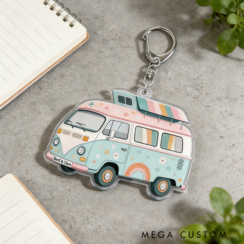 Personalized Vintage Camper Van Keychain Acrylic Camping Keychain Outdoor Adventure Gift