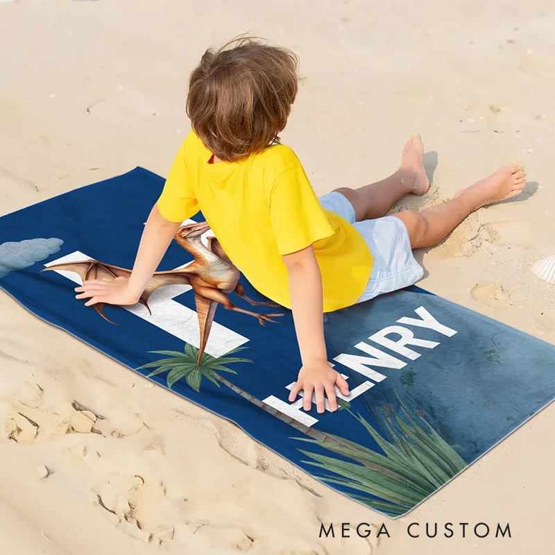 Personalized Cute Dinosaur Quick Dry Oversized Beach Towel with Name and Initial Travel Essential Summer Vacation Birthday Gift for Kids