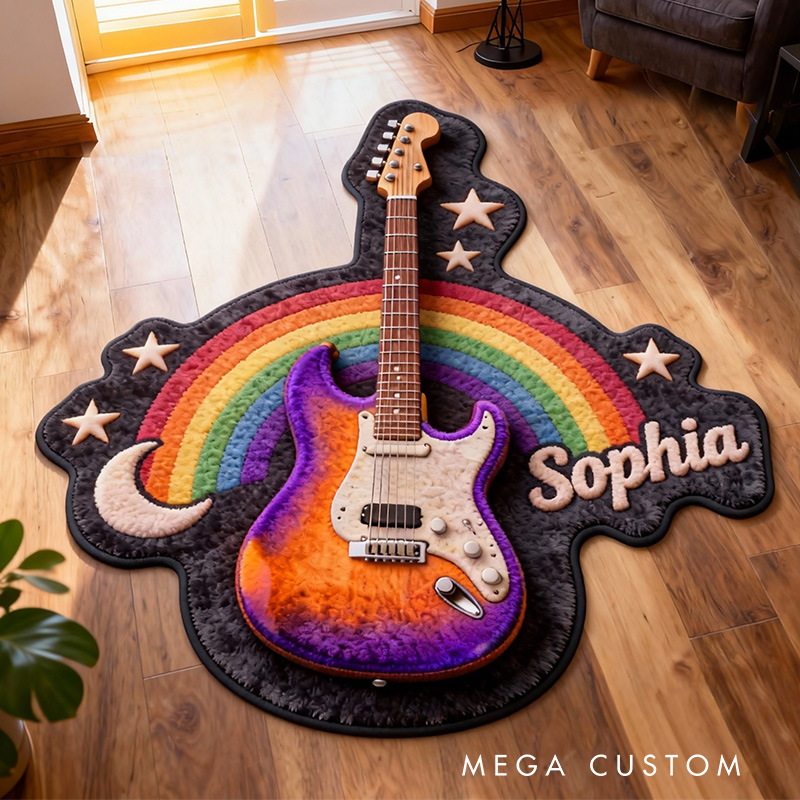 Personalized 2D Flat Hippie Rainbow Guitar Rug for Music Lovers Gift for Kids Music Studio