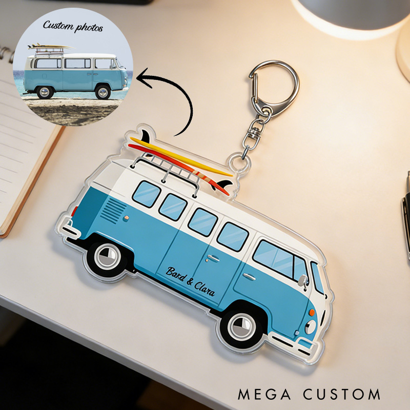 Personalized Surf Van Keychain Campervan Photo Keychain Vintage Camper Keychain Gift for Outdoor Adventure
