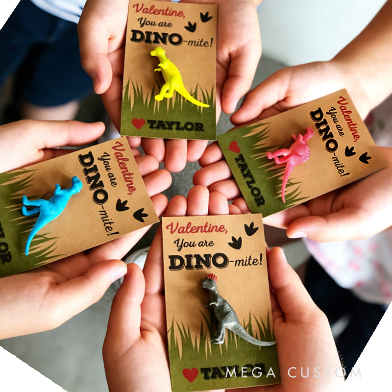 Personalized Dinosaur Valentine's Day Greeting Card with Toy Dinosaur Customizable Name and Includes a Free Dinosaur Toy for Kids