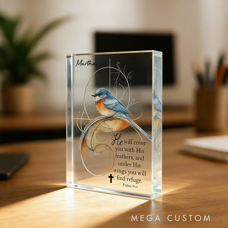 Personalized Bluebird Psalm 91:4 Acrylic Block with Custom Name Scripture Wall Art Faith Home Decor Christian Gifts for Women