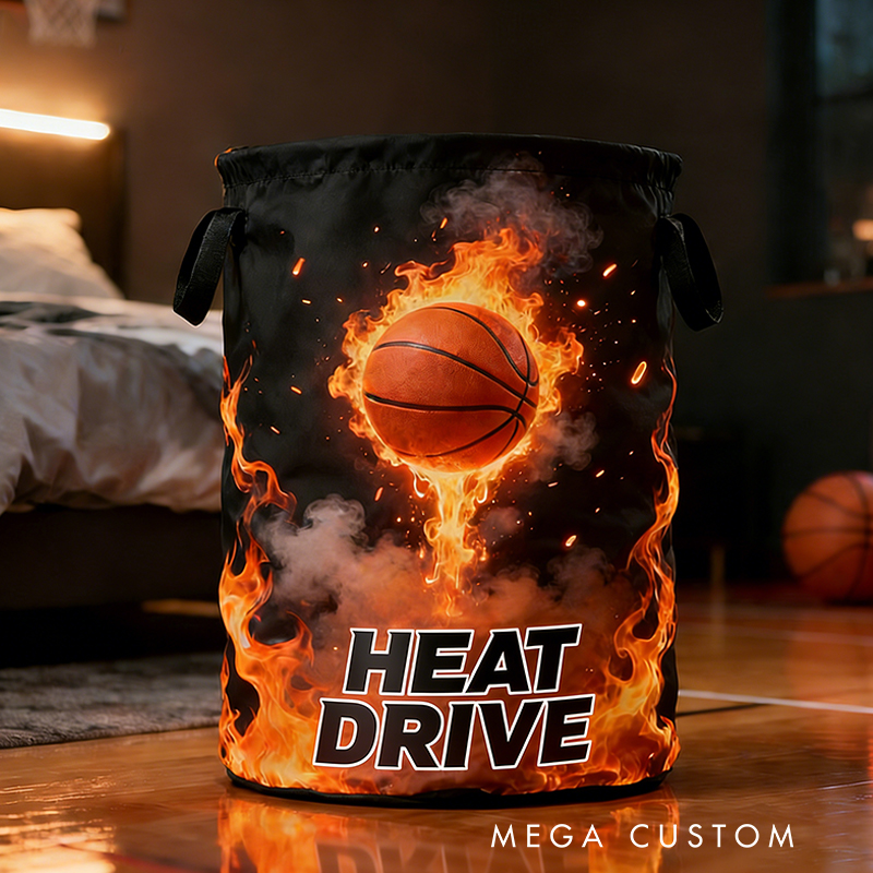 Personalized Flaming Basketball Storage Basket with Custom Text for Basketball Fans
