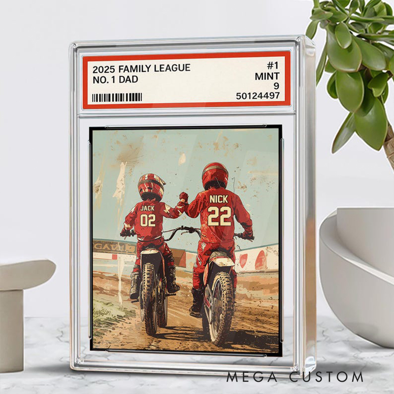 Personalized Fathers Day Gifts Custom Motocross Dad Acrylic Plaque Trading Card Style with Dad and Kids Names Motorcycle Decor