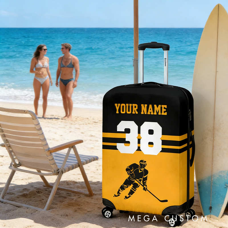 Personalized Hockey Luggage Cover with Custom Name Number and Colors for traveling and Hockey Lovers