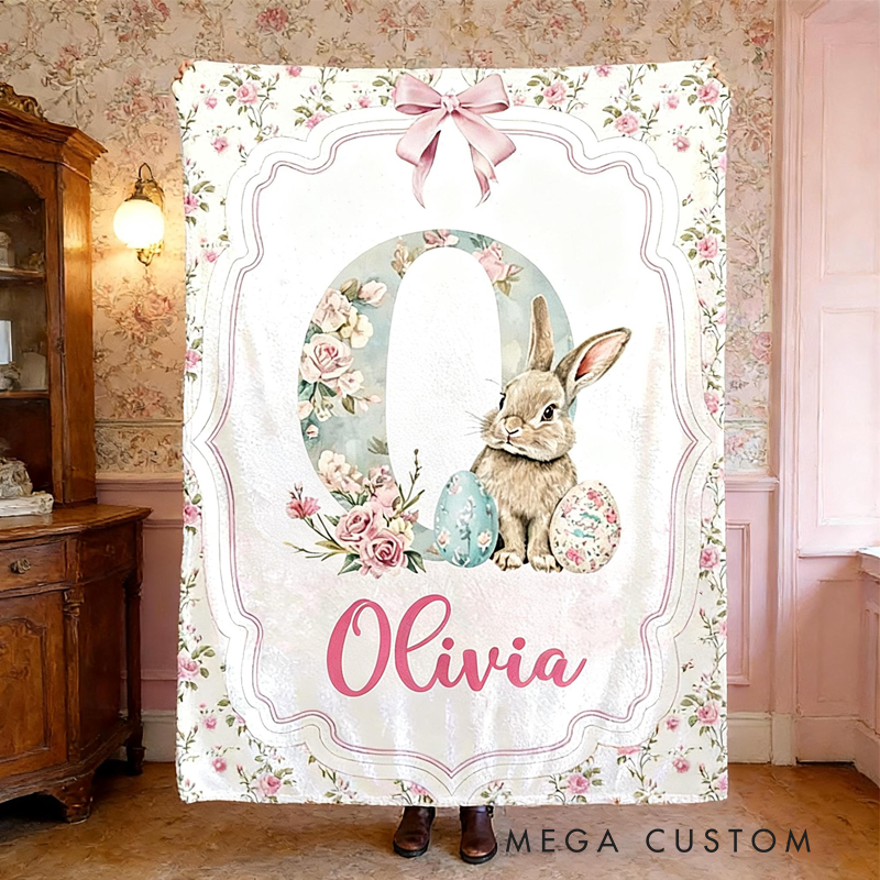 Personalized Retro Pink Bunny with Name Blanket Home Decor Birthday Gift for Kids Easter Gifts