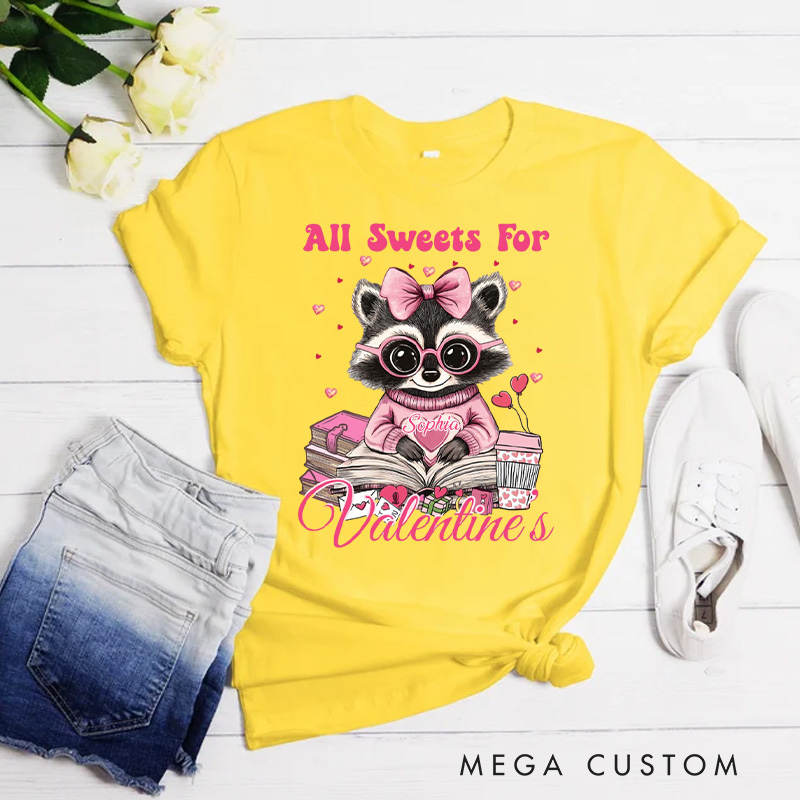 Personalized Raccoon All Sweets For Valentine Book Classic T-Shirts Xoxo Tee for Librarian Shirt with Name Valentines Day Gift for Book Lover Girlfriend Wife Women