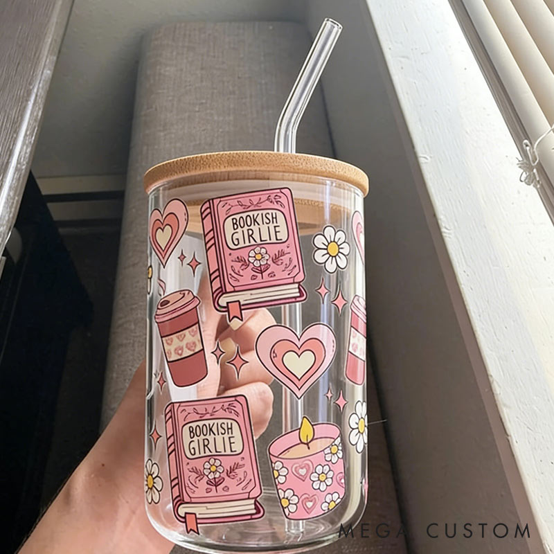 Personalized Bookish Girlie Iced Glass Coffee Cup Valentine's Cute glass Cup for Reading Lovers