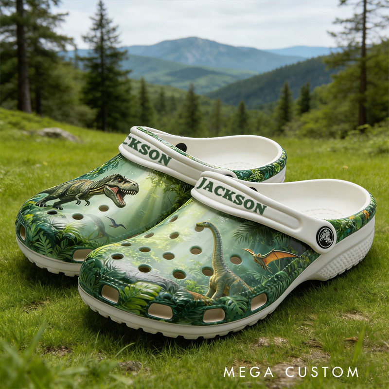 Personalized Dinosaur Theme Custom Name Green Jungle T Rex Pattern Adventure Kids Rubber Clogs