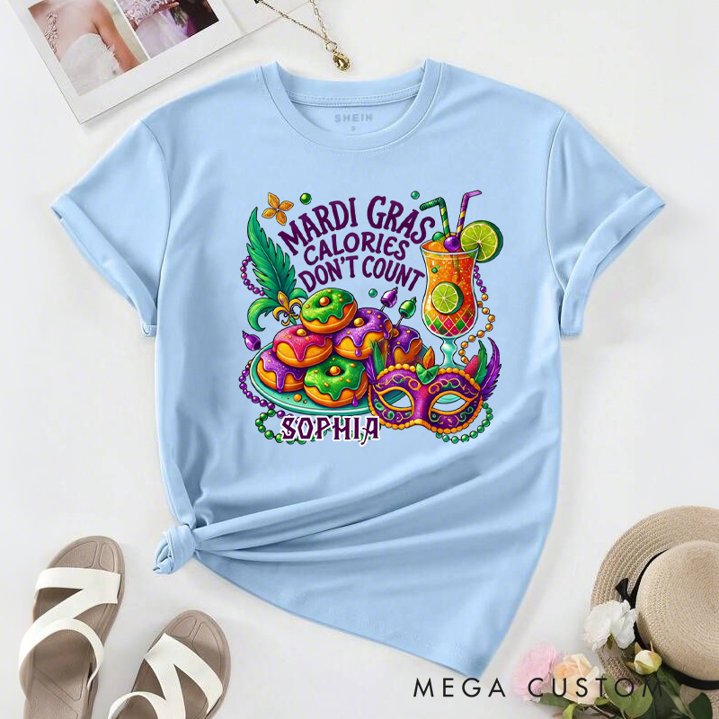 Personalized Mardi Gras Calories Don't Count Classic T-shirts Donut Shirt with Name Mardi Mask Bead Shirt Gift for Women Her